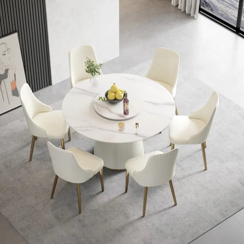 Table ronde de salle à manger de 53 pour 6 personnes, avec plateau en pierre frittée et plateau tournant