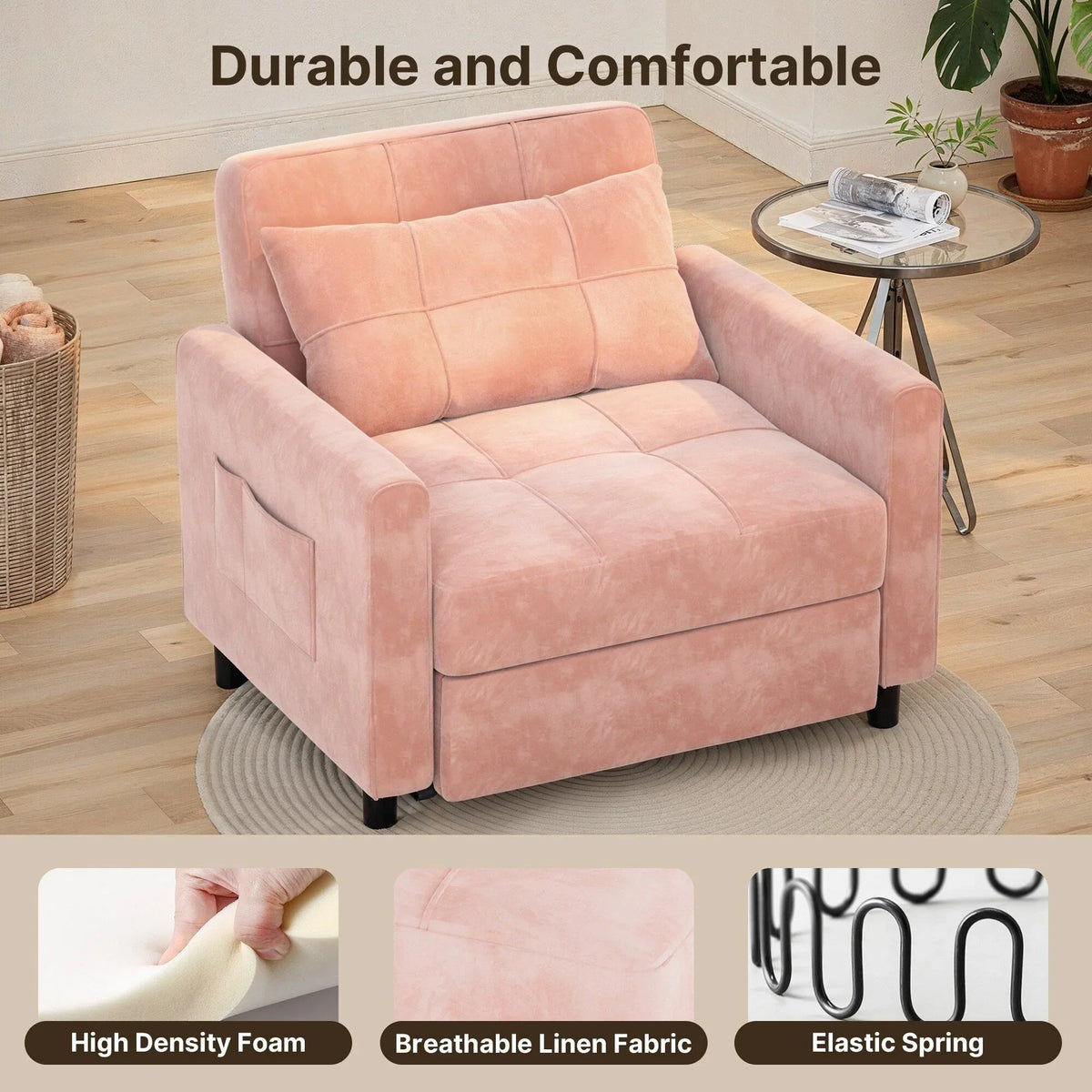 Sofá-cama ajustável 3 em 1, sofá-cadeirão extensível, cama dobrável convertível para sala de estar