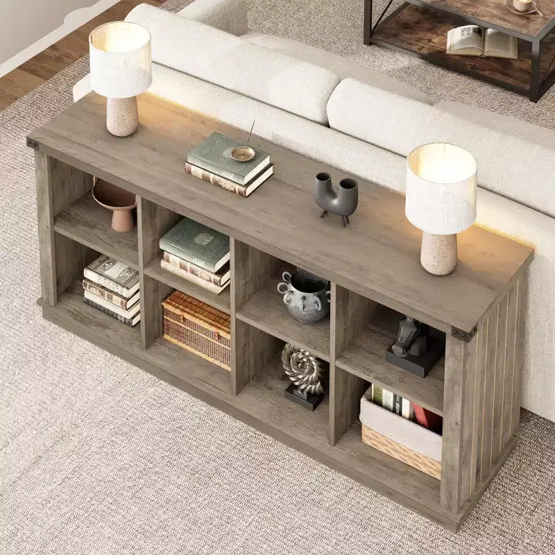 Bücherregal mit 8 Fächern, im Landhausstil, waagerecht, 62 Inch, aus Holz, für den Eingangsbereich, langes, niedriges Bücherregal fürs Wohnzimmer