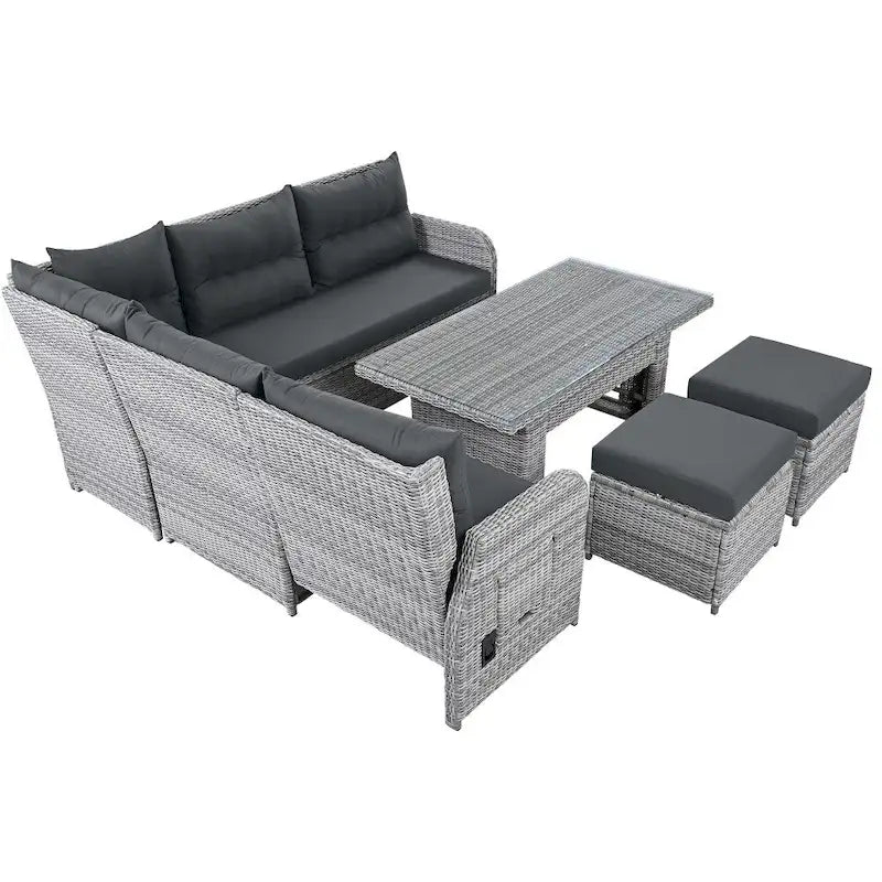 Conjunto de mobiliário de exterior em rattan, com mesa ajustável, cadeiras reclináveis e 2 pufes