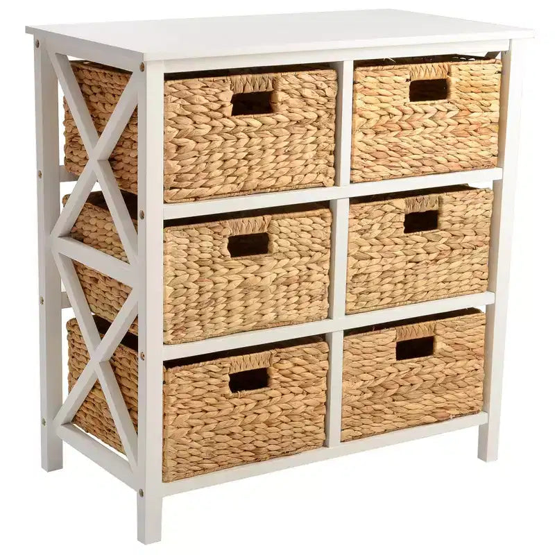 Commode de rangement eHemco à 3 niveaux avec côtés en X et 6 paniers tressés en jacinthe d’eau naturelle
