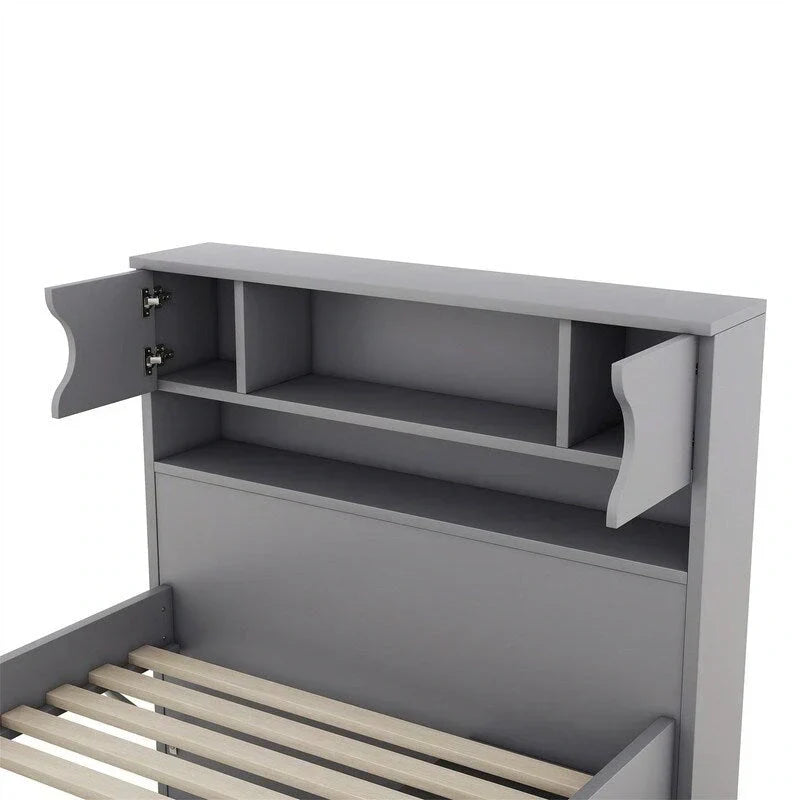 Lit plateforme capitaine une place/deux places avec 4 tiroirs et étagères de rangement, cadre en bois massif avec tête de lit bibliothèque et rangements