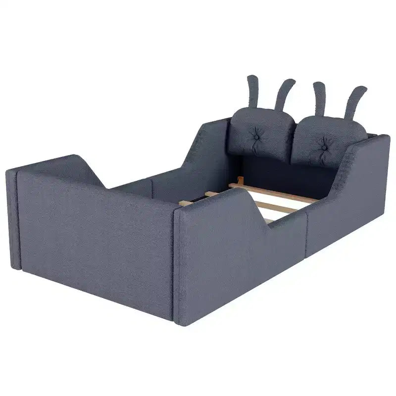 Whisen eenpersoonsbed met platform, gestoffeerd kinderbedframe voor op de vloer met konijnenkussen en afneembare zijhekken