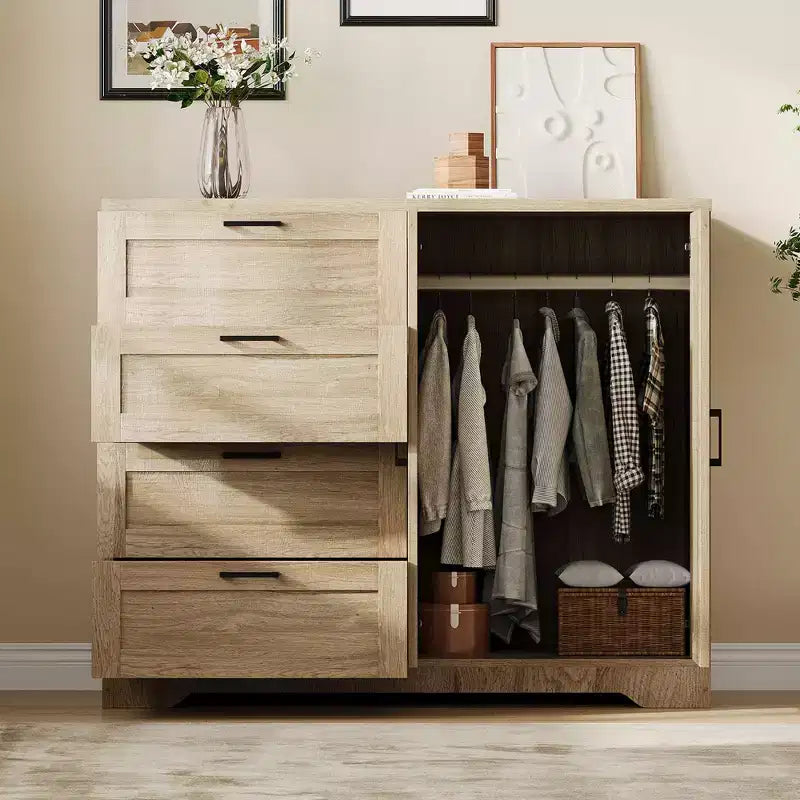 Holzkleiderschrank, 43.3 H hoch, mit 4 Schubladen und Kleiderstange, vielseitiger Kleiderschrank mit Kommode fürs Schlafzimmer