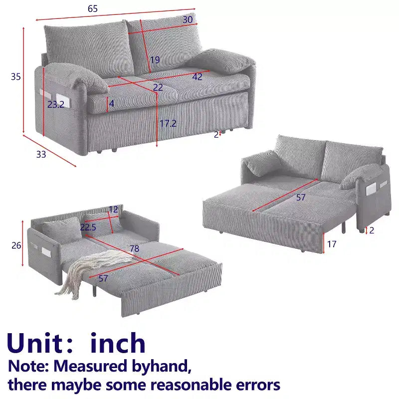 Divano letto in velluto a coste da 64.5, convertibile 3 in 1 con letto estraibile