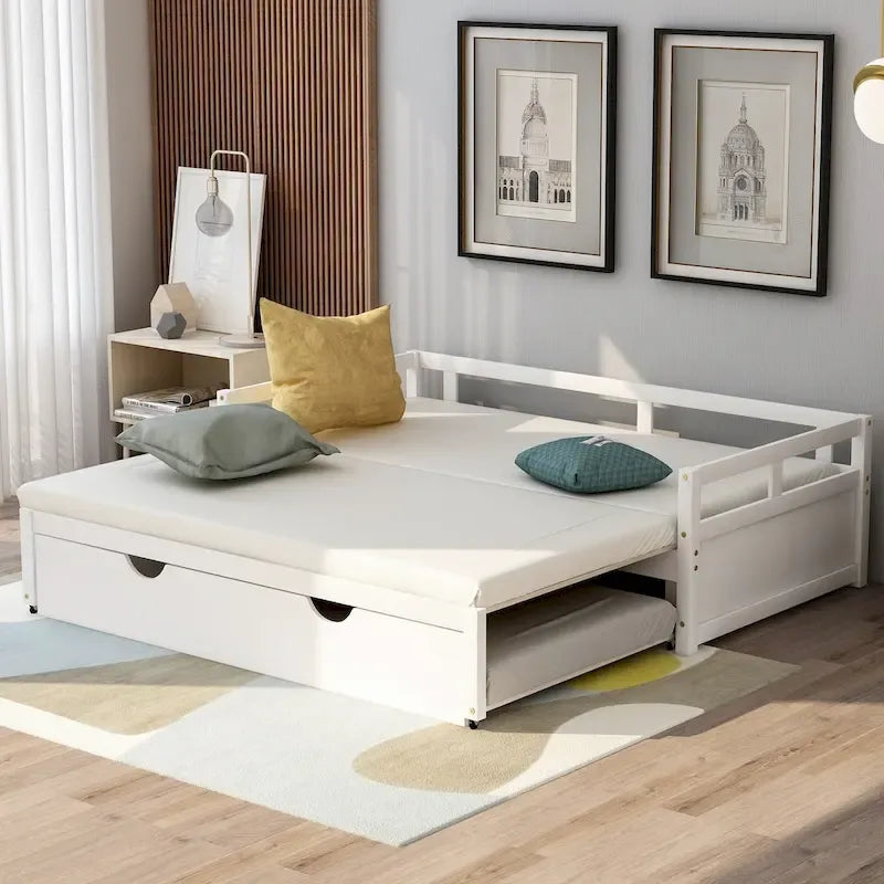Lit de jour extensible avec lit gigogne, lit de jour en bois avec lit gigogne
