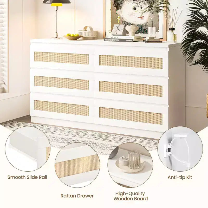 Rattan-Kommode fürs Schlafzimmer mit 6 Schubladen, 47 breite Kommode im modernen Landhausstil, Holz-Aufbewahrungsschrank und Organizer für Kleiderschrank, Wohnzimmer und Flur
