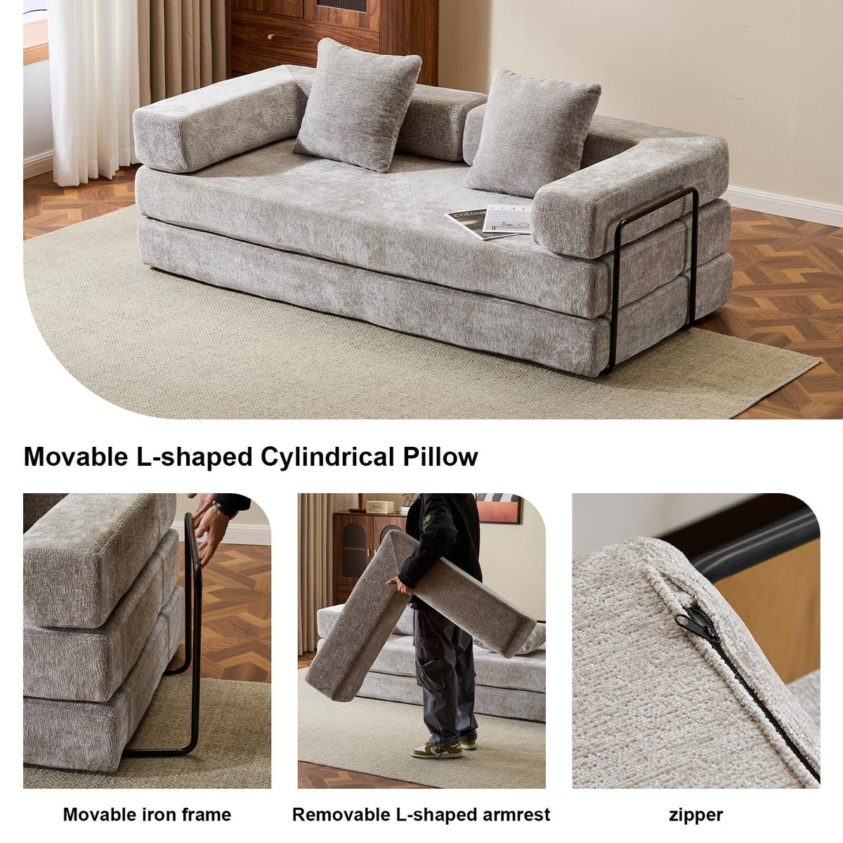 Verwandelbares Bodensofa-Bett mit Kissenlehne aus Chenille für Wohnzimmer und Schlafzimmer