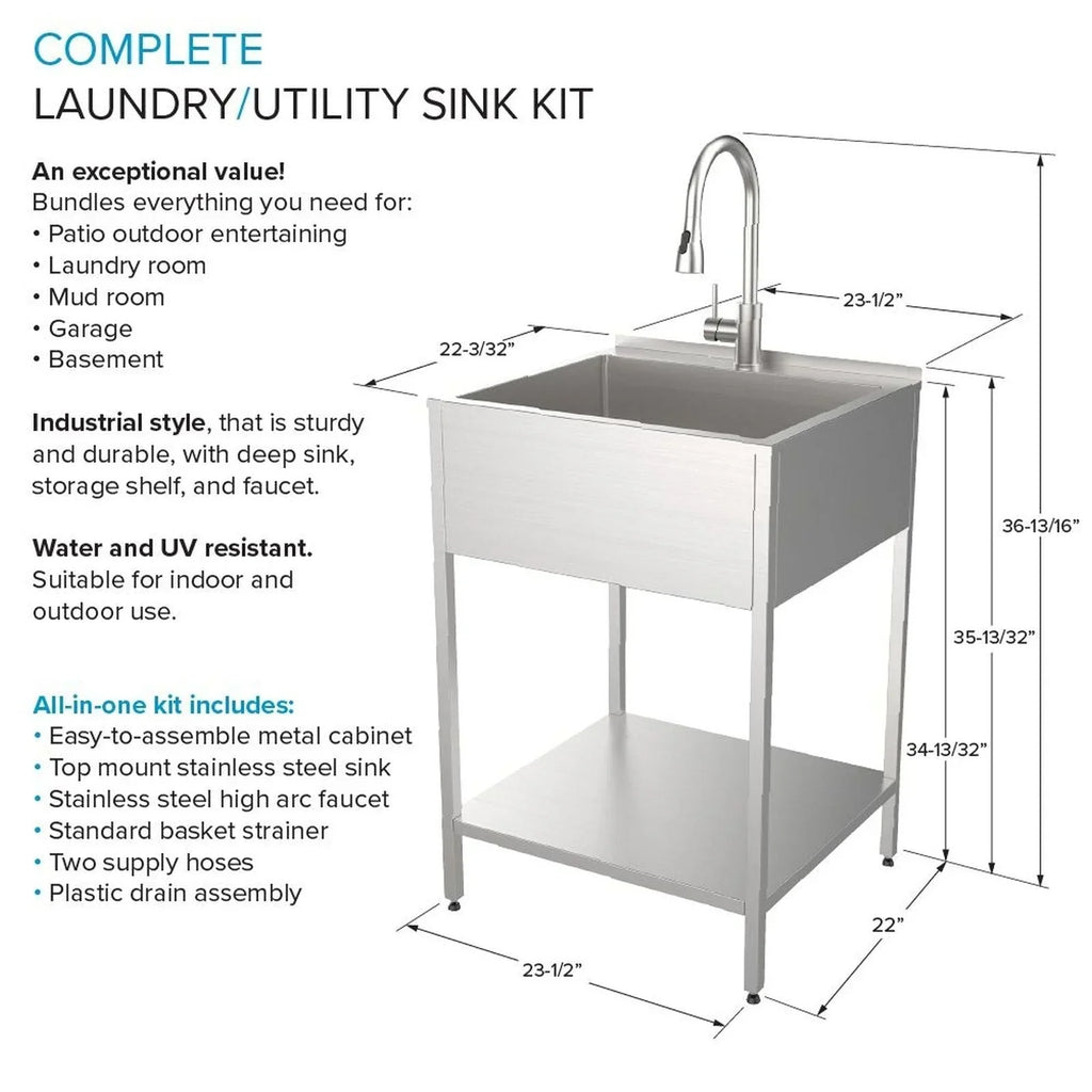 Lavatoio per lavanderia con mobile, in acciaio inox, 24-in W x 22-in D x 35-in H