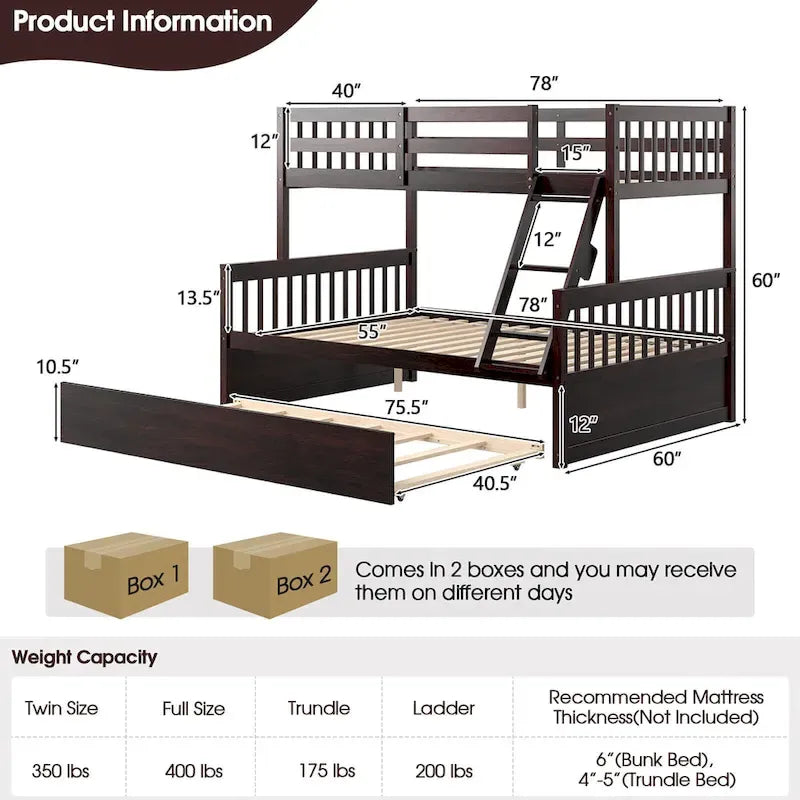 Gymax Etagenbett mit Einzelbett oben und Doppelbett unten, mit ausziehbarem Einzelbett, umbaubare Plattform