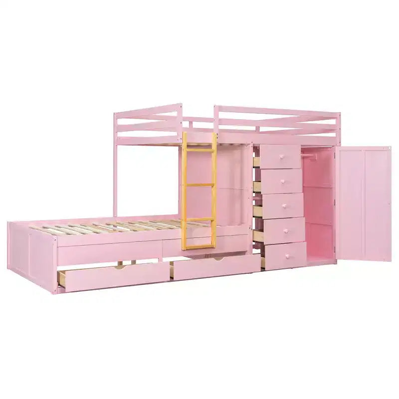 Etagenbett in Full-over-Full-Größe mit Kleiderschrank und Schubladen, platzsparendes Etagenbett aus Holz in Full-Größe mit Rausfallschutz für Wohnung und Schlafzimmer