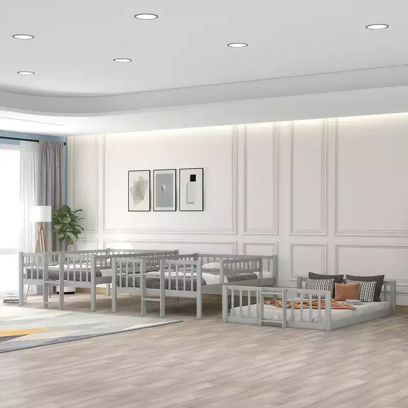 Dreifach-Etagenbett mit zwei Doppelbetten, umbaubarer Leiter und Rutsche, mit Schutzgittern, Weiß/Grau/Espresso - ModernLuxe