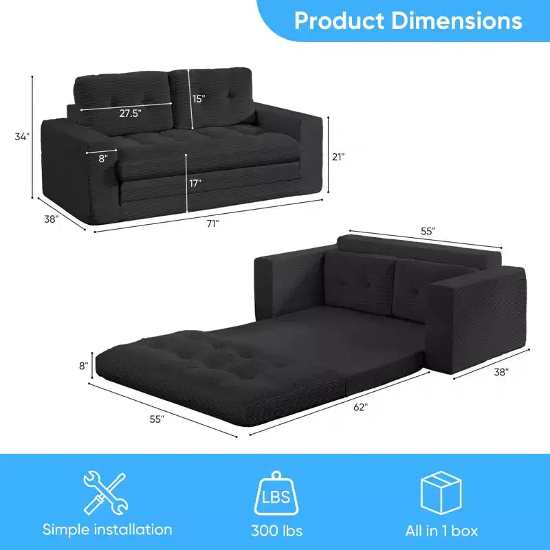Rozkładana sofa-futon Mjkone 2 w 1 o szerokości 71', tapicerowana tkaniną sztruksową, z pikowanymi guzikami, dwuosobowa sofa z funkcją spania, oszczędzająca miejsce
