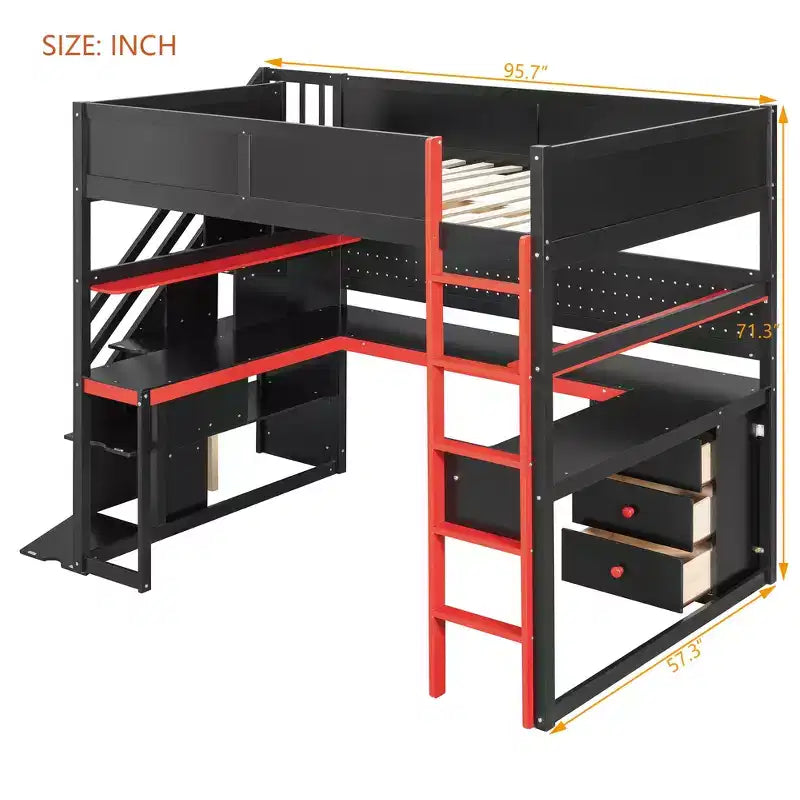 Lit mezzanine de jeu en bois Scott de GDFStudio, avec escalier de rangement, bureau, étagères et panneau perforé