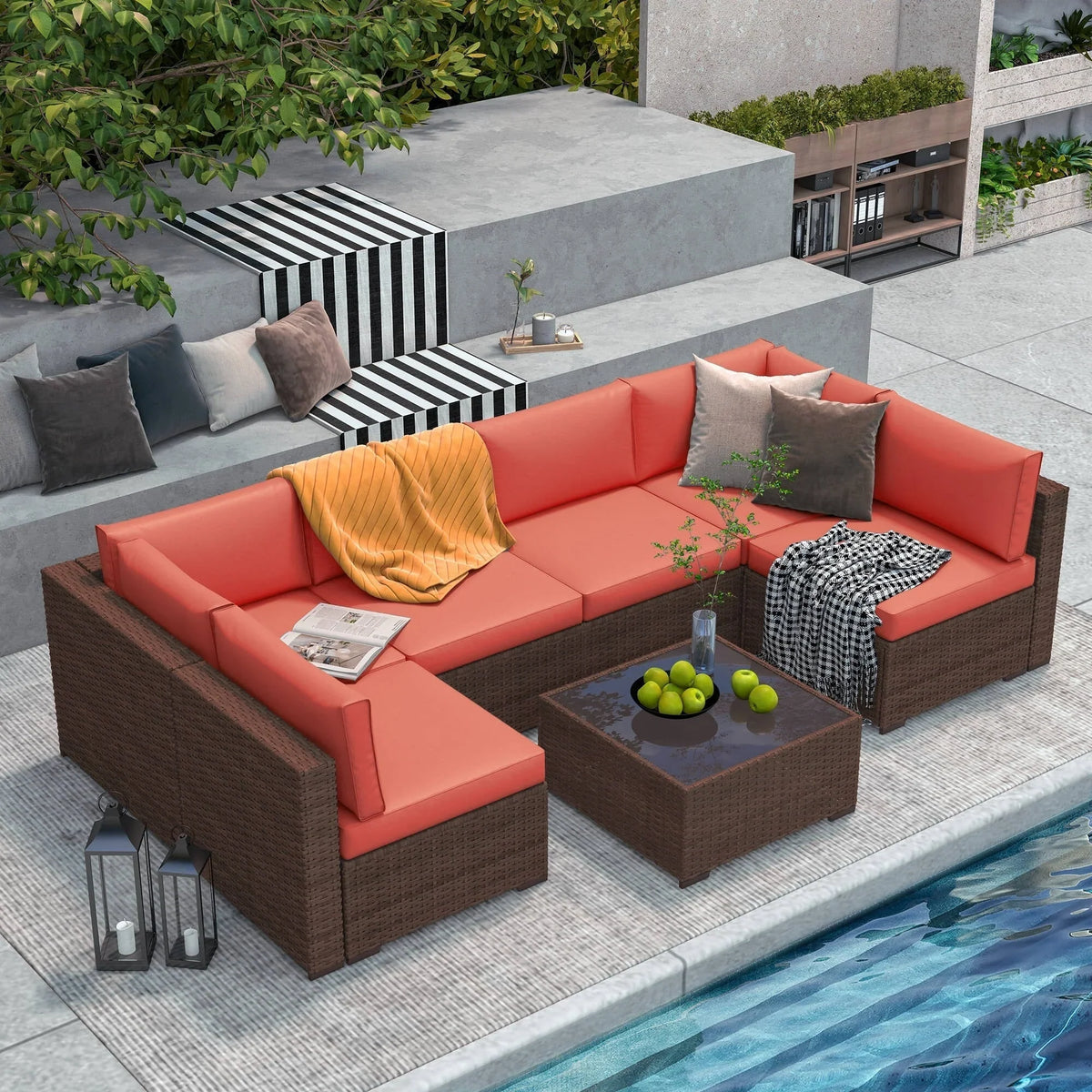 Wicker/ Steel 7-piece Outdoor Cushioned Sectional Sofa Set