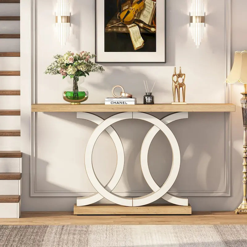 Vintage consoletafel met geometrisch onderstel, houten haltafel