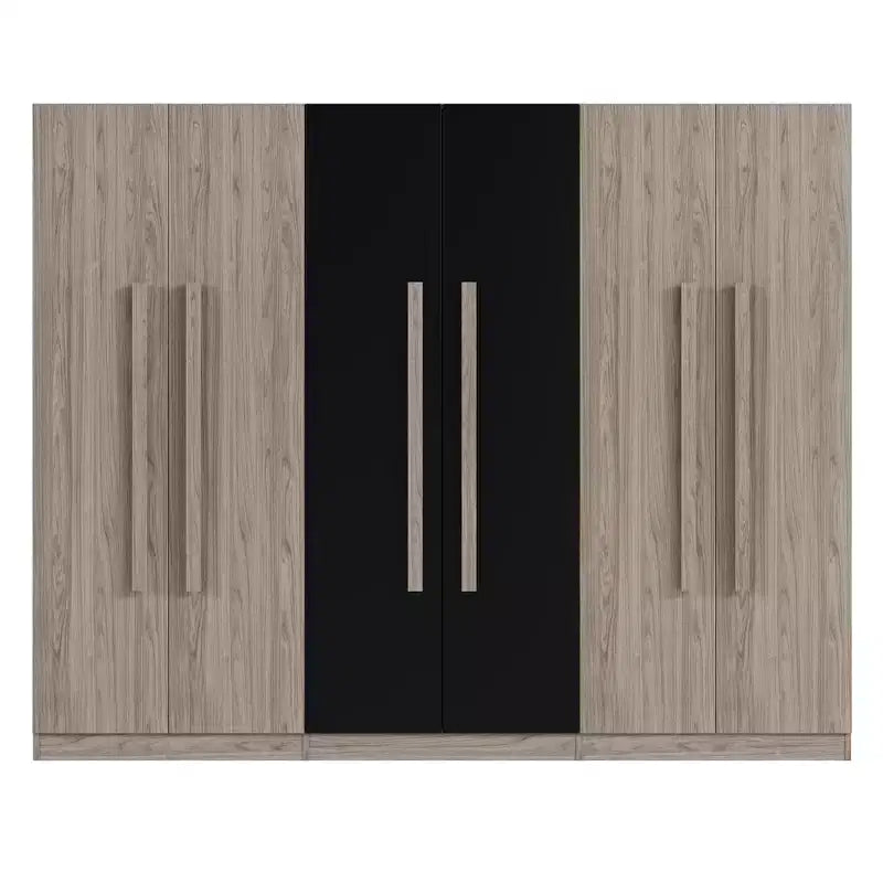 Kledingkast van 83W met 6 deuren, 2 laden, hangroedes en opbergplanken, zwart+naturel-ModernLuxe