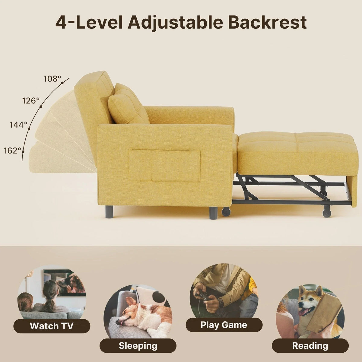Sofá-cama ajustável 3 em 1, sofá-cadeirão extensível, cama dobrável convertível para sala de estar