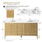 Vanity Art badkamermeubel van 72 met dubbele wastafel en een blad van kunstmarmer