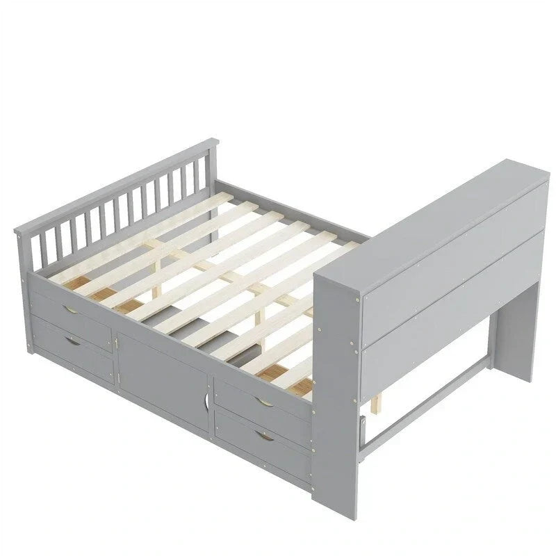 Lit plateforme capitaine une place/deux places avec 4 tiroirs et étagères de rangement, cadre en bois massif avec tête de lit bibliothèque et rangements