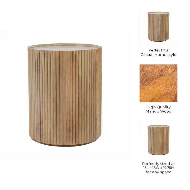 Tavolino laterale decorativo in legno scanalato con piano in marmo e vano contenitore - Piccolo tavolino decorativo per camera da letto o soggiorno