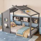 Vloerbed in huisjesvorm met ingebouwde opbergplanken en dak met latten