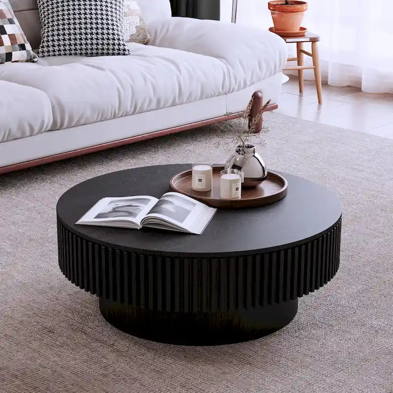 Moderner runder Couchtisch aus massivholzfurniertem Holz mit Stauraum