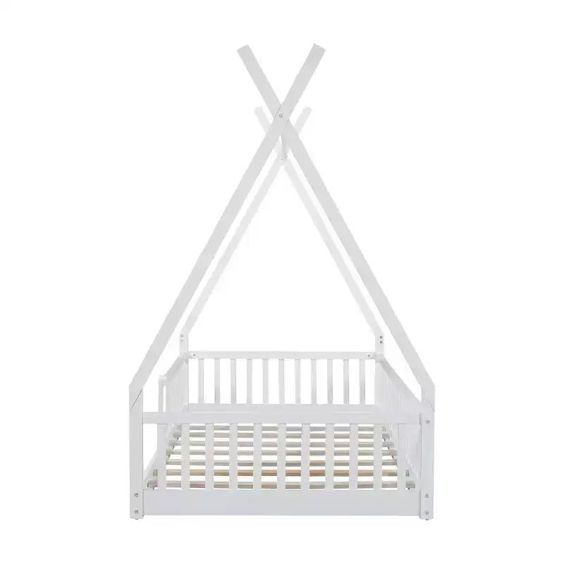 Kinder-Bodenbett, Zeltbett in Einzelbettgröße, Montessori-Bodenbett mit Lattenrost und Schutzgittern, Bettrahmen aus Holz in Hausform für Jungen und Mädchen