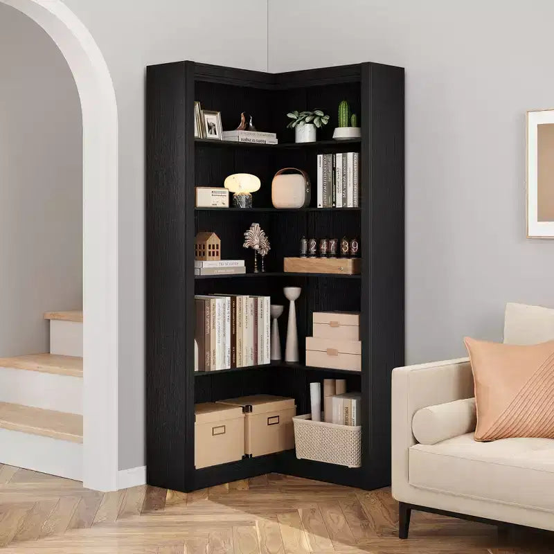 Nero/Bianco/Legno/Retrò, libreria angolare a L, a 5 ripiani, singola