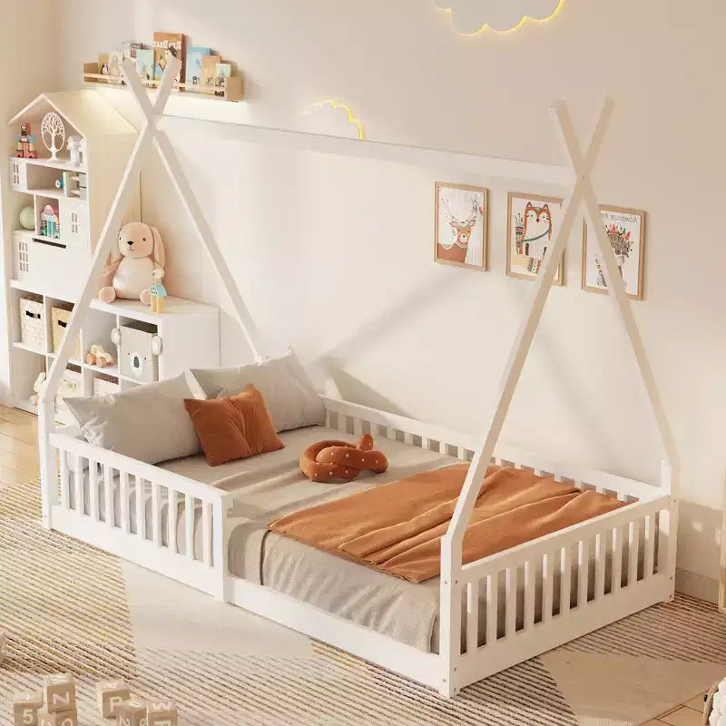 Kinder-Bodenbett, Zeltbett in Einzelbettgröße, Montessori-Bodenbett mit Lattenrost und Schutzgittern, Bettrahmen aus Holz in Hausform für Jungen und Mädchen