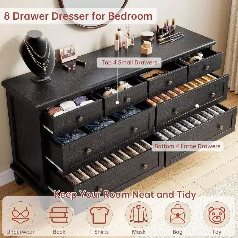Kommode mit 8 Schubladen fürs Schlafzimmer, Vintage-TV-Kommode 59 mit geschnitzten Griffen und konischen Beinen, Holzkommode mit großem Stauraum