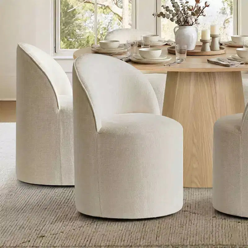 Conjunto de jantar moderno para 6 pessoas, mesa redonda com pé central, cadeiras giratórias tipo barril com rodas, chenille texturizado - Panipeachy
