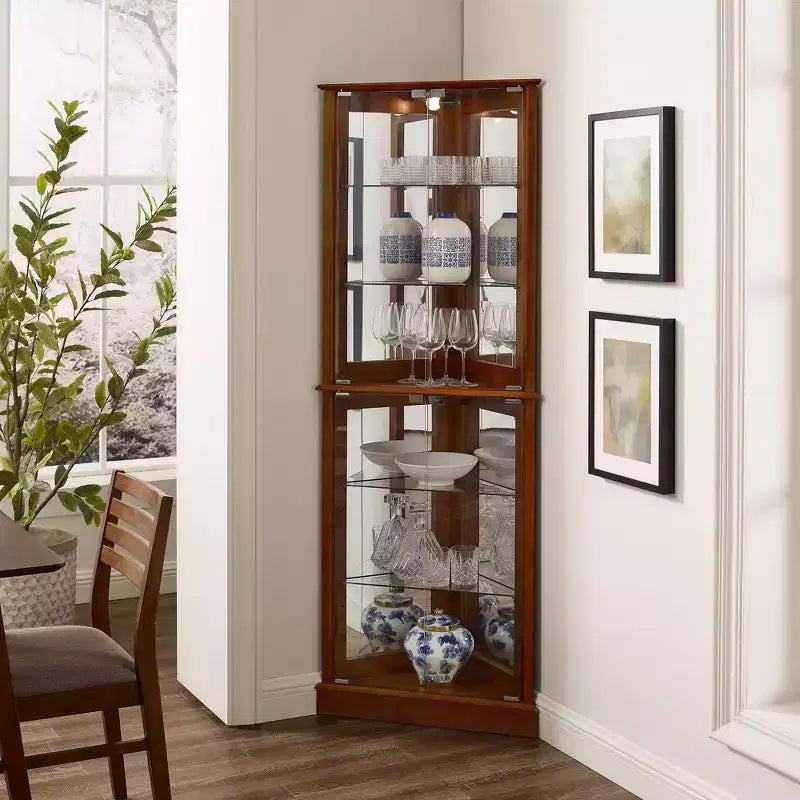 Eckvitrine, Kirschbaum/Walnuss, Glasvitrine mit 4 Türen