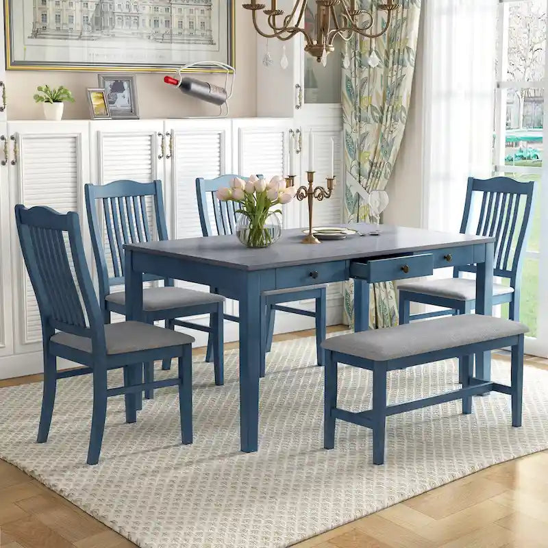 Eetkamerset van hout, 6-delig, met 4 stoelen en een bankje, tafel met lade