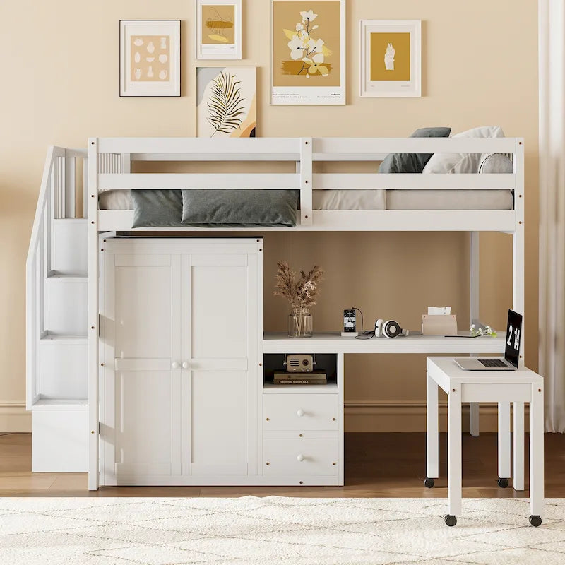 Lit mezzanine taille double avec escalier, bibliothèque, bureau et armoire - meuble multifonctionnel gain de place pour enfants et adolescents-Blanc