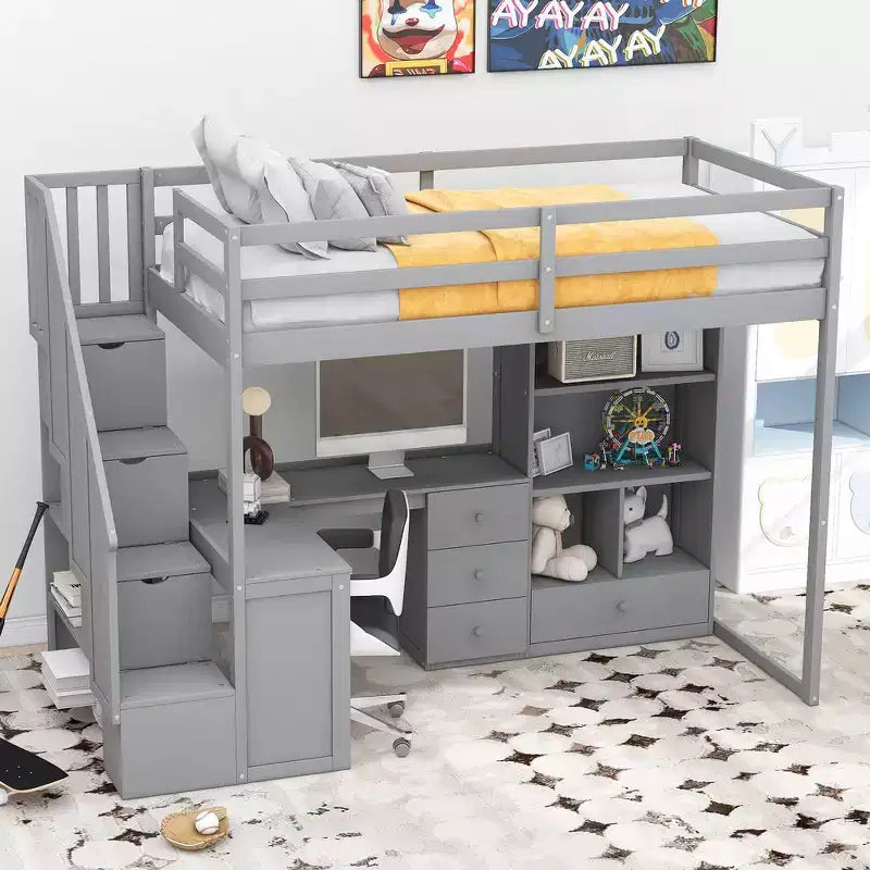 Halfhoogslaper in eenpersoonsmaat met L-vormig bureau, 3 laden, kast, opbergruimte in de trap, frame van massief grenenhout en MDF