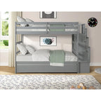 Beliche para colchões individuais, com cama extra individual e escadas com arrumação, na cor cinzenta