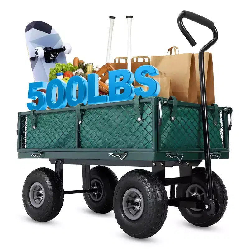 Heavy Duty Steel Garden Cart Wagon, 500 Lbs, Folding Utility Wagon with Removable Mesh Sides & Liner, 10 Pneumatic Tires, Pull Handle
