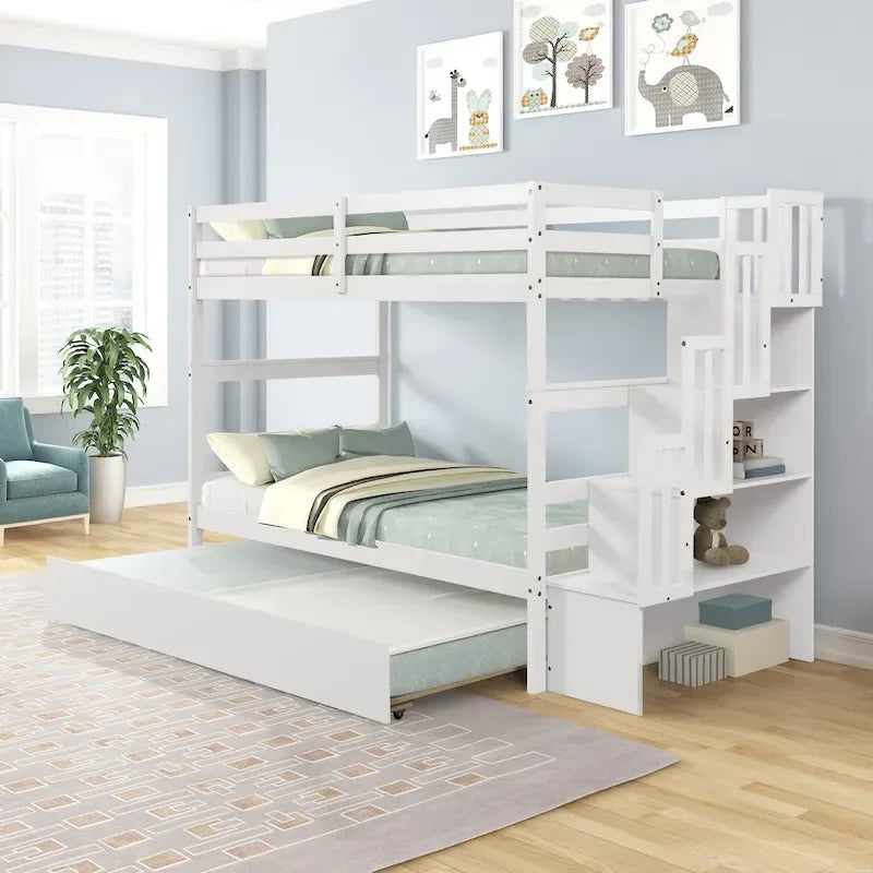Beliche para colchões individuais, com cama extra individual e escadas com arrumação, na cor cinzenta