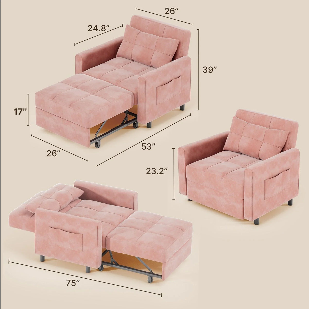 Sofá-cama ajustável 3 em 1, sofá-cadeirão extensível, cama dobrável convertível para sala de estar