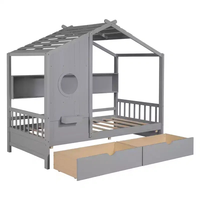 Holzhausbett in Twin-/Full-Size mit 2 Schubladen, Kinderbett mit Ablagefach - ModernLuxe
