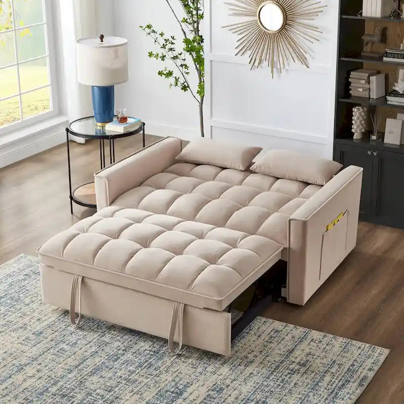 Rozkładana sofa dwuosobowa 4 w 1 z podłokietnikami i kieszeniami do przechowywania, wielofunkcyjna pikowana sofa z regulowanym oparciem