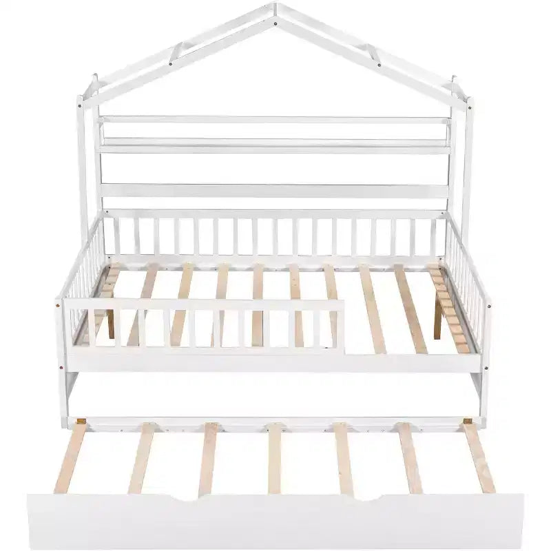 Struttura letto a casetta Acekool a una piazza e mezza con letto estraibile singolo, cassetti e ripiani contenitori, tetto e staccionata, letto a piattaforma per bambini, bianco