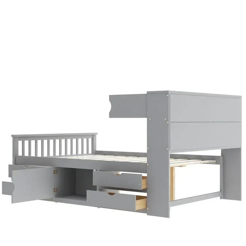 Lit plateforme capitaine une place/deux places avec 4 tiroirs et étagères de rangement, cadre en bois massif avec tête de lit bibliothèque et rangements