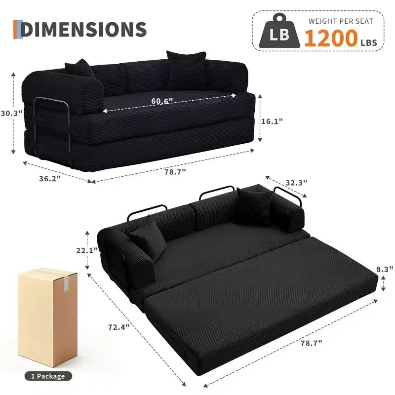 Canapé-lit convertible 4-en-1, matelas de sol pliant en velours côtelé sans cadre de 79 avec coussin, causeuse sans montage pour petit appartement