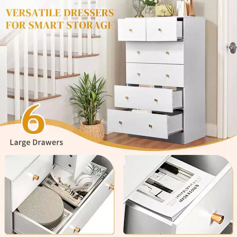 Karl Home große Kommode mit 6 Schubladen für Schlafzimmer, stabile Holzkommode und Aufbewahrungsmöbel für den Kleiderschrank, weiß