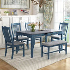 Eetkamerset van hout, 6-delig, met 4 stoelen en een bankje, tafel met lade