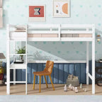 Okak Minimalism Loft Bed with Ladder, Rubber Wood Twin Loft Bed with Safety Guardrail and Build-In Desk, Bed Frames for Kids, Teenagers