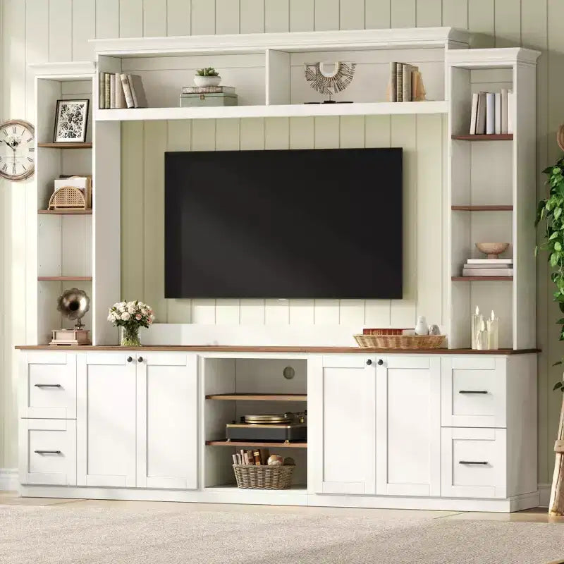 ModernLuxe 4-in-1-Unterhaltungszentrum im Landhausstil, passend für Fernseher bis 70, TV-Ständer-Medienkonsole mit verstellbaren Einlegeböden und Schubladen