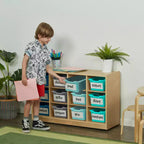 Mobiler Fächerschrank mit Tablettfächern und 15 Behältern mit Schaufelfront, 3x4, Kindermöbel